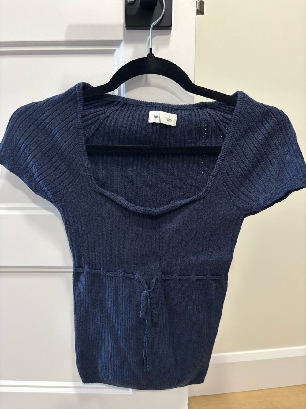 Hollister Navy Ribbed Short Sleeve Square Neck Top with Waist Tie